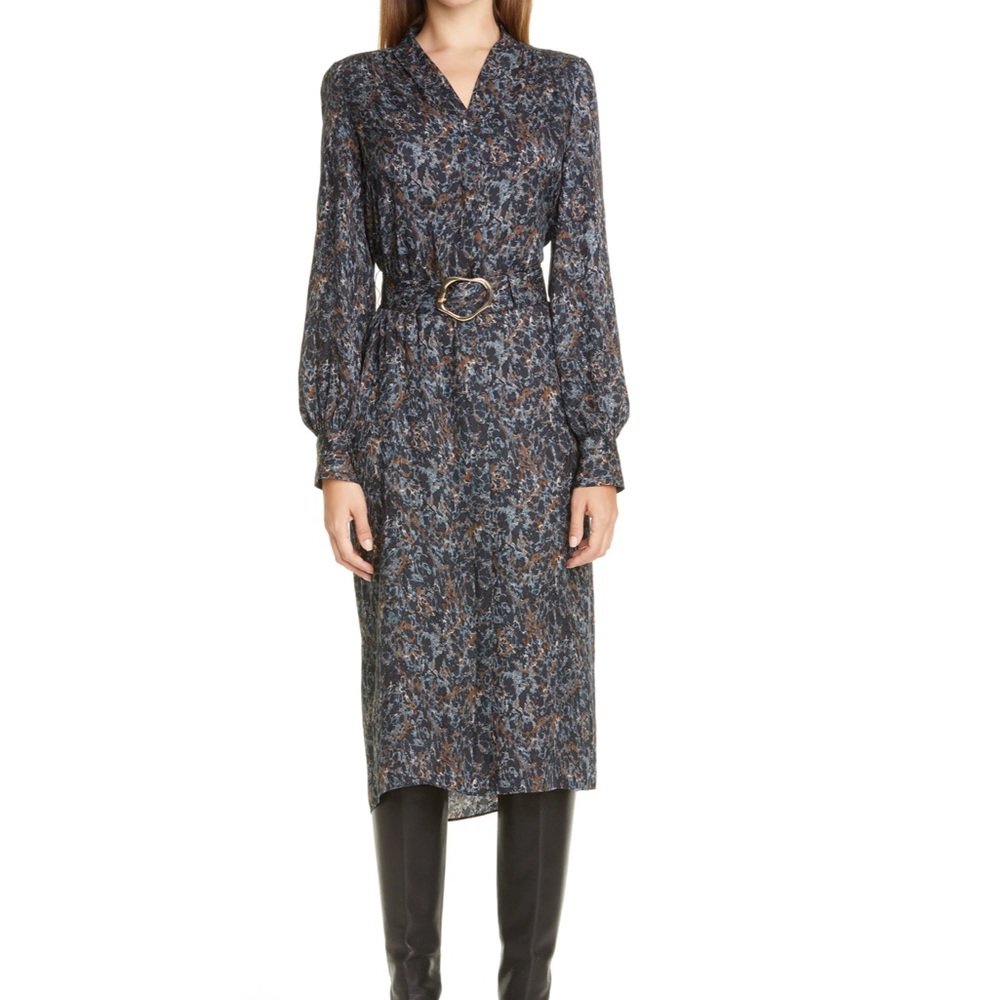 Lafayette 148 Clementine Silk Midi Dress Size S Belt Long Sleeve In Oceana Multi